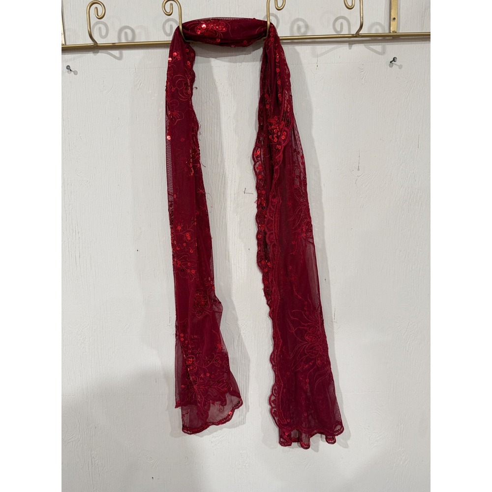 Vintage Burgundy Red Sheer Mesh Floral Sequin Embroidered Scarf Lace Trim Shawl